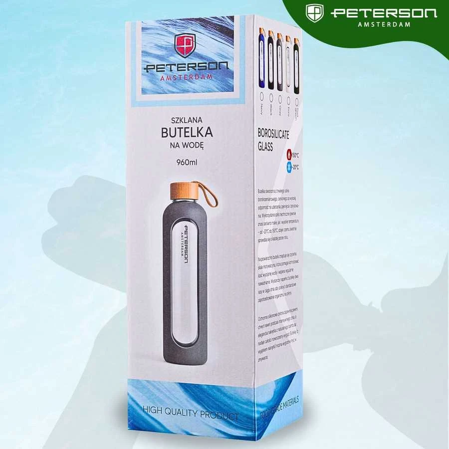 Peterson moteriška stiklinė vandens gertuvė 960 ml su silikoniniu dėklu, motyvacine matavimo skale, smėlio spalvos