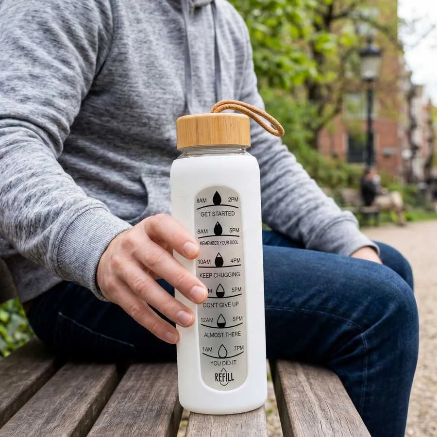Peterson moteriška stiklinė vandens gertuvė 960 ml su silikoniniu dėklu, motyvacine matavimo skale, smėlio spalvos
