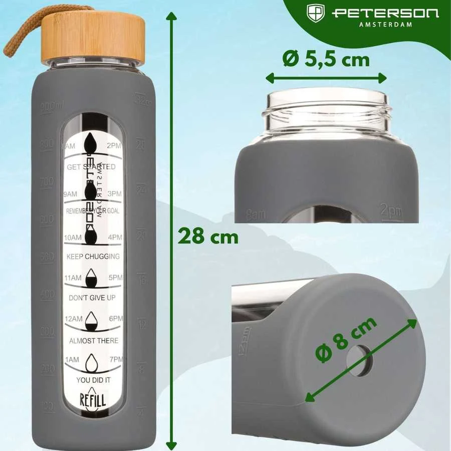 Peterson motyvacinė stiklinė vandens gertuvė su matavimo skale, pilku silikoniniu dėklu, 960 ml