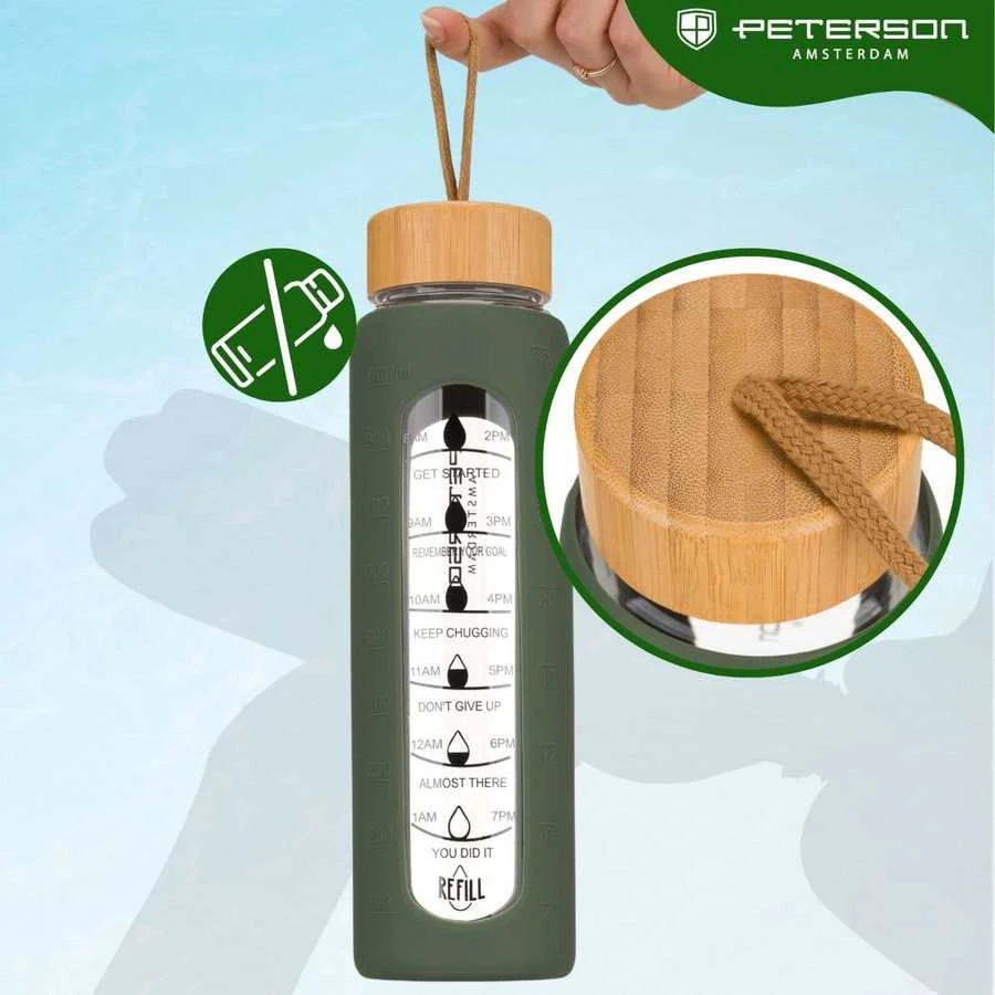 Peterson motyvacinė stiklinė vandens gertuvė su valandų žymomis, silikoniniu dėklu, 960 ml, žalia