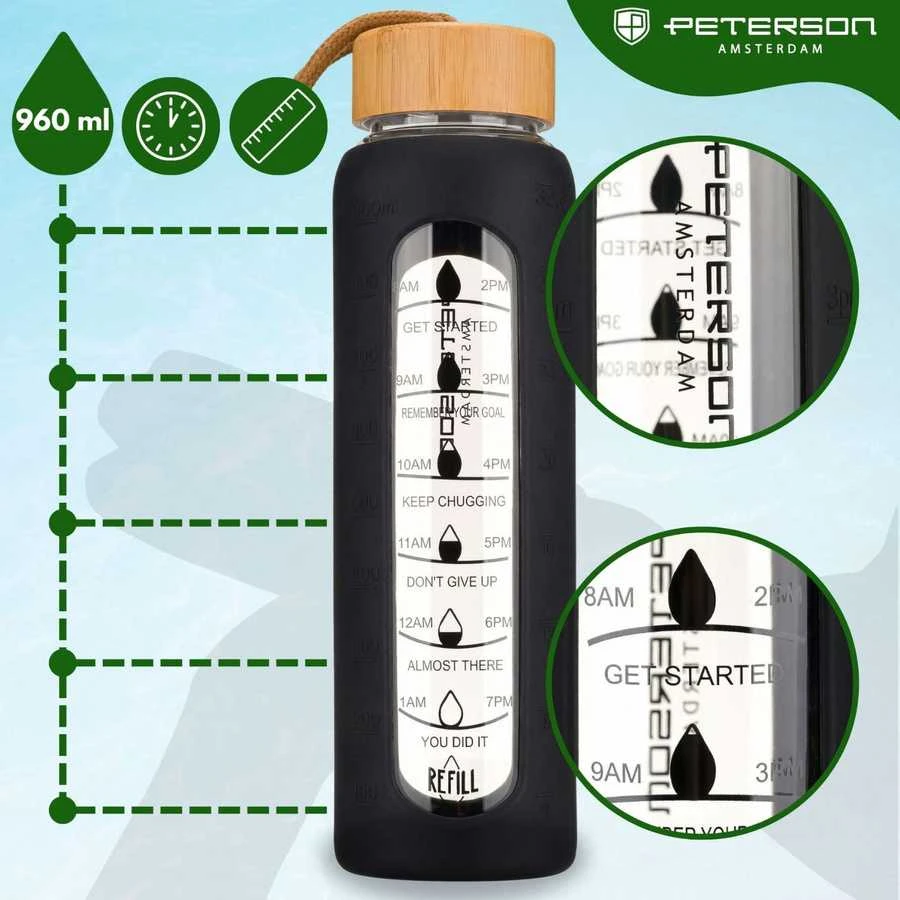 Peterson motyvacinė stiklinė vandens gertuvė su silikoniniu dėklu, juoda, 960 ml