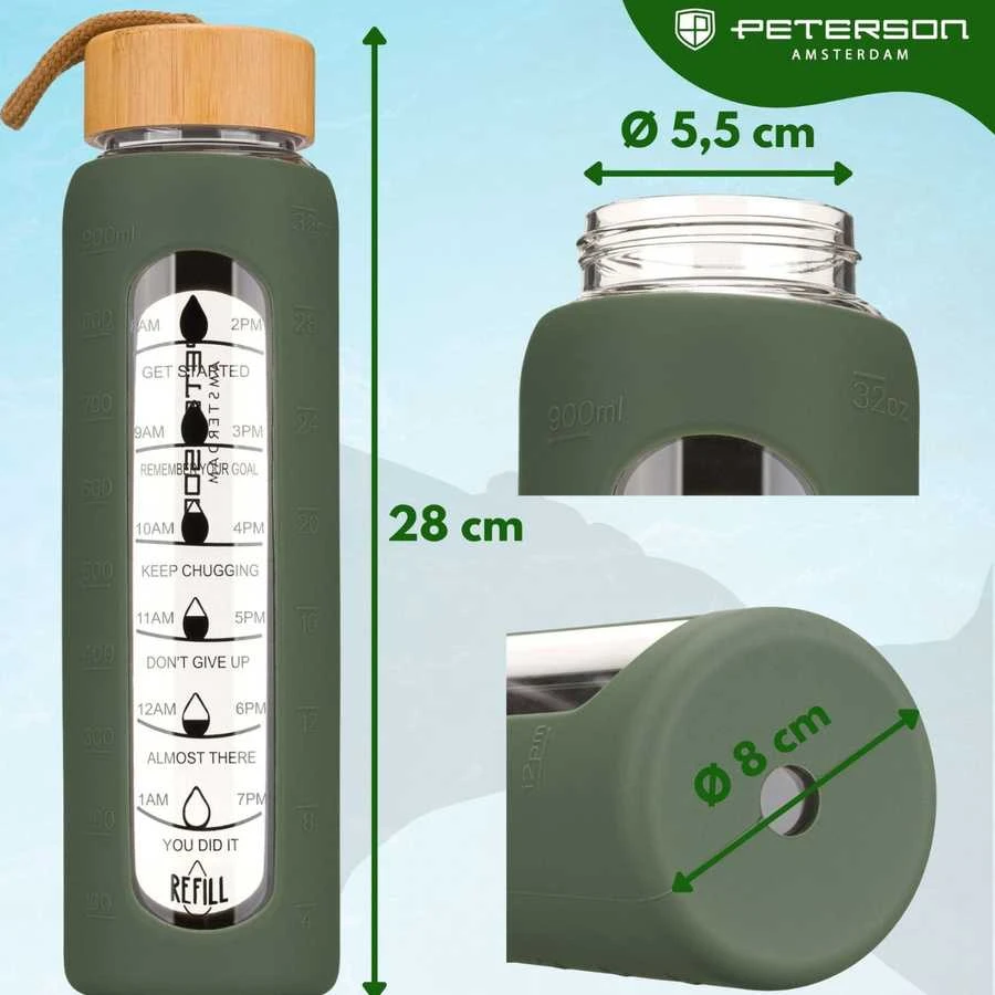 Peterson motyvacinė stiklinė vandens gertuvė su valandų žymomis, silikoniniu dėklu, 960 ml, žalia