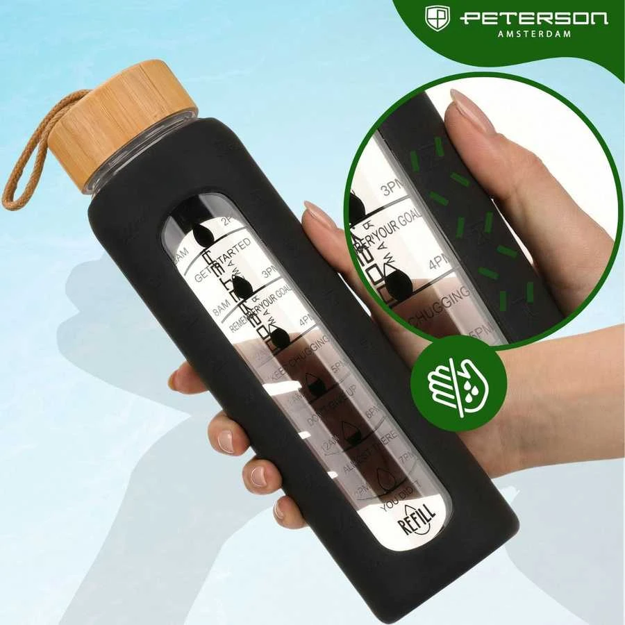 Peterson motyvacinė stiklinė vandens gertuvė su silikoniniu dėklu, juoda, 960 ml