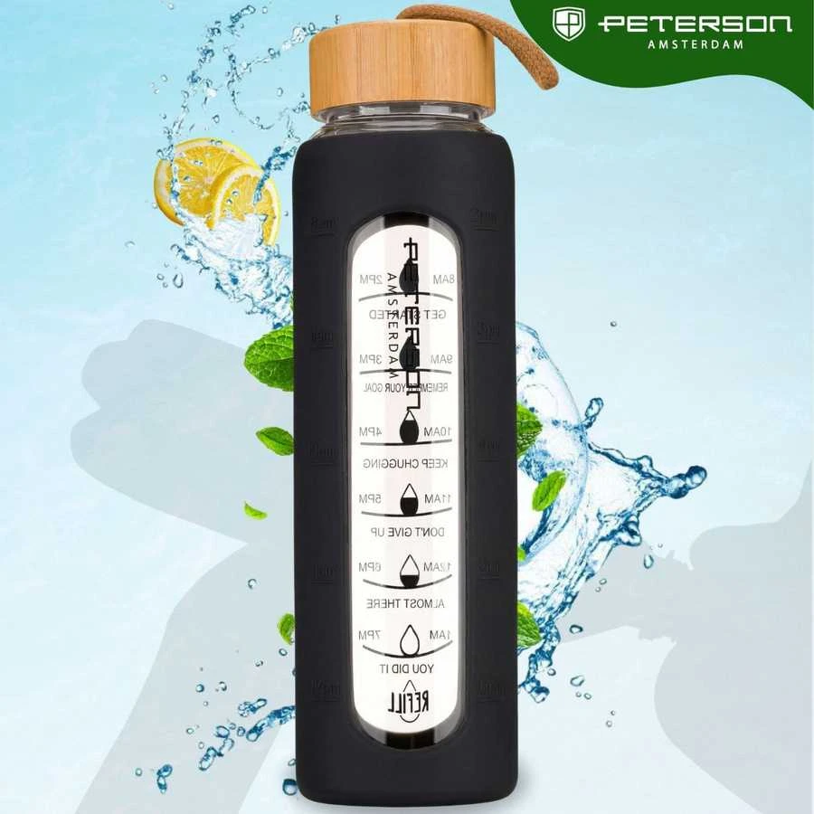 Peterson motyvacinė stiklinė vandens gertuvė su silikoniniu dėklu, juoda, 960 ml
