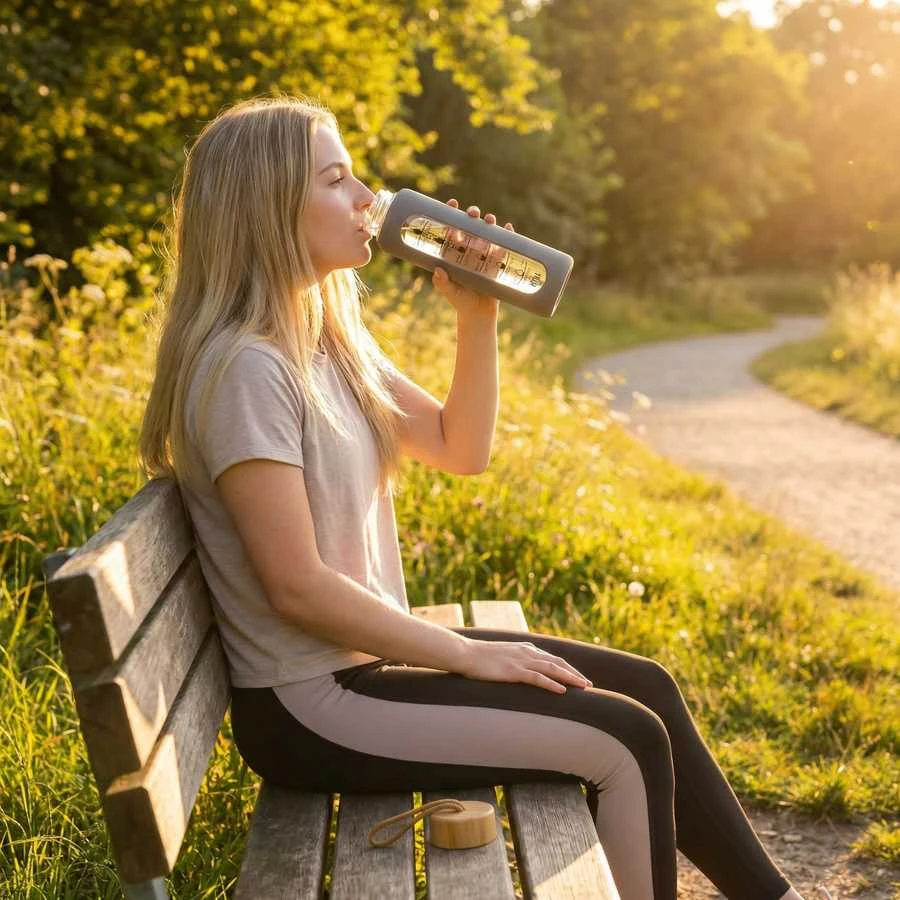 Peterson motyvacinė stiklinė vandens gertuvė su matavimo skale, pilku silikoniniu dėklu, 960 ml
