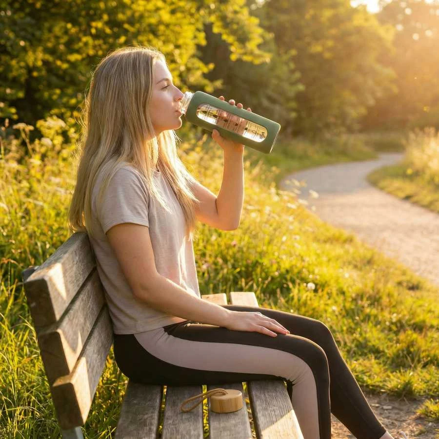 Peterson motyvacinė stiklinė vandens gertuvė su valandų žymomis, silikoniniu dėklu, 960 ml, žalia