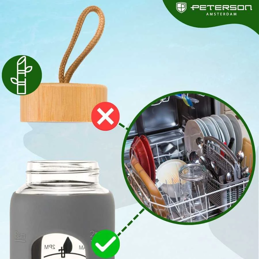 Peterson motyvacinė stiklinė vandens gertuvė su matavimo skale, pilku silikoniniu dėklu, 960 ml