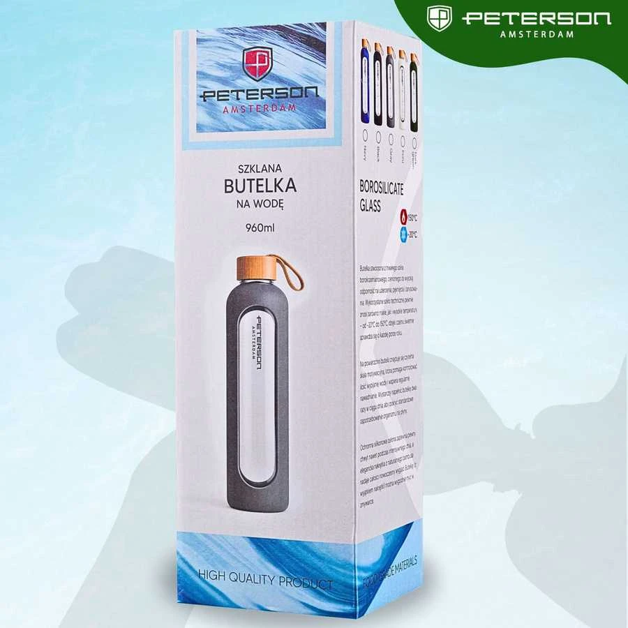 Peterson motyvacinė stiklinė vandens gertuvė su valandų žymomis, silikoniniu dėklu, 960 ml, žalia