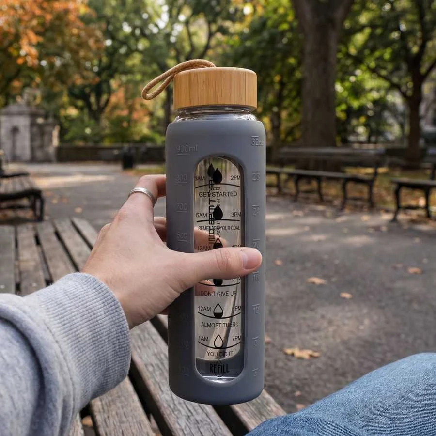 Peterson motyvacinė stiklinė vandens gertuvė su matavimo skale, pilku silikoniniu dėklu, 960 ml
