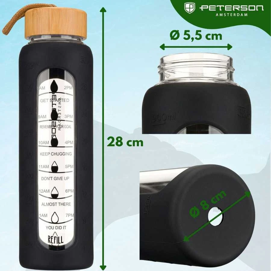 Peterson motyvacinė stiklinė vandens gertuvė su silikoniniu dėklu, juoda, 960 ml