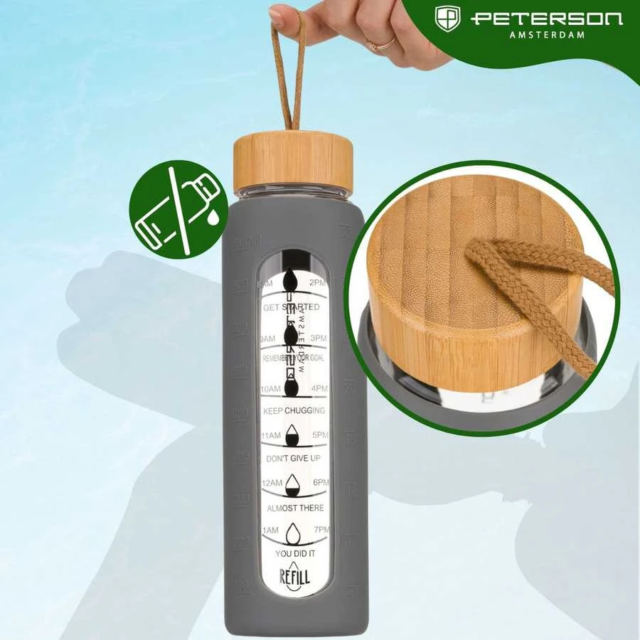 Peterson motyvacinė stiklinė vandens gertuvė su matavimo skale, pilku silikoniniu dėklu, 960 ml