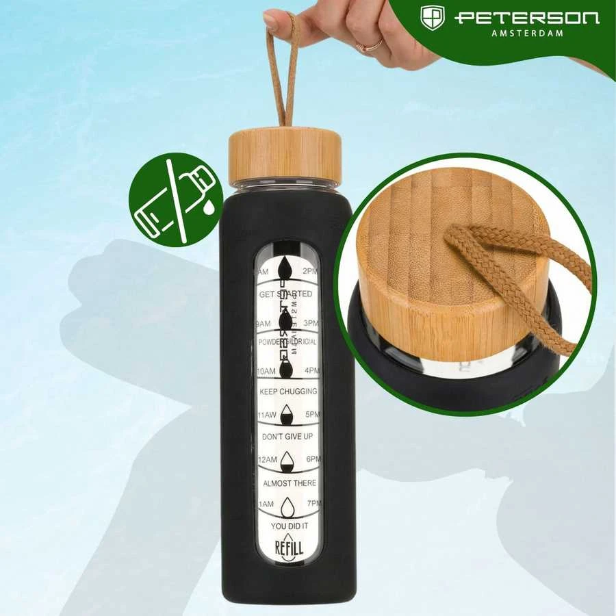 Peterson motyvacinė stiklinė vandens gertuvė su silikoniniu dėklu, juoda, 960 ml