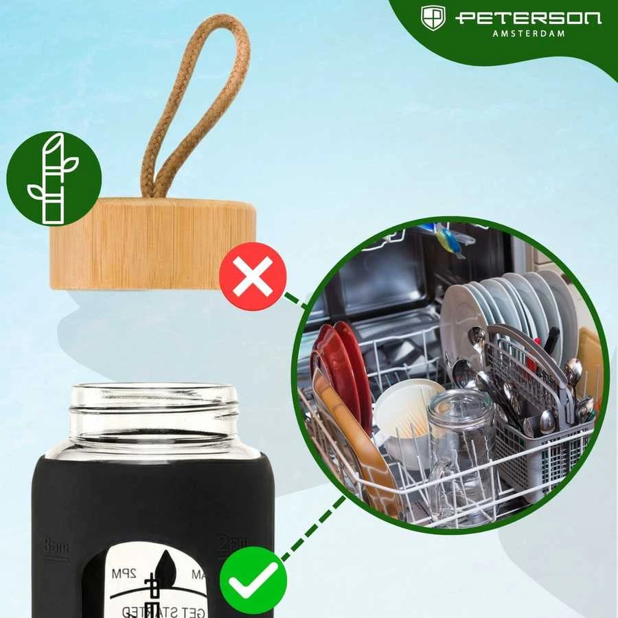 Peterson motyvacinė stiklinė vandens gertuvė su silikoniniu dėklu, juoda, 960 ml