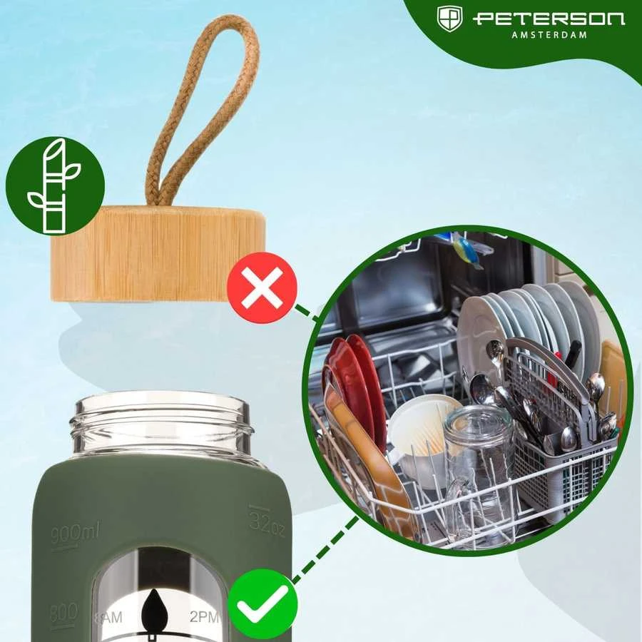 Peterson motyvacinė stiklinė vandens gertuvė su valandų žymomis, silikoniniu dėklu, 960 ml, žalia