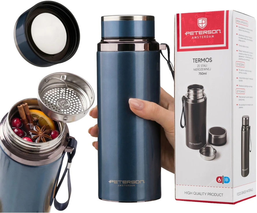 „Peterson“ nerūdijančio plieno termosas karštiems ir šaltiems gėrimams, 750 ml, tamsiai mėlynas
