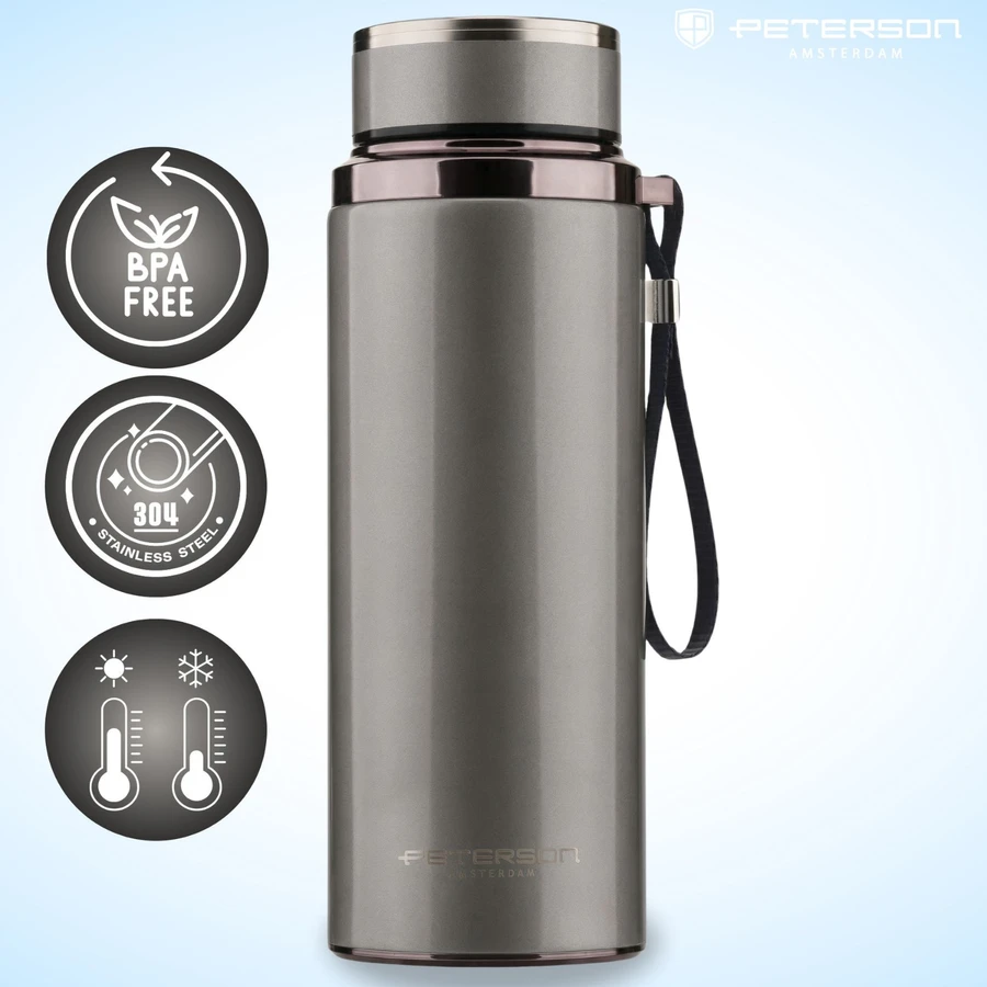 „Peterson“ plieno termopuodelis 750 ml su arbatos sieteliu, sidabrinis, karštiems ir šaltiems gėrimams