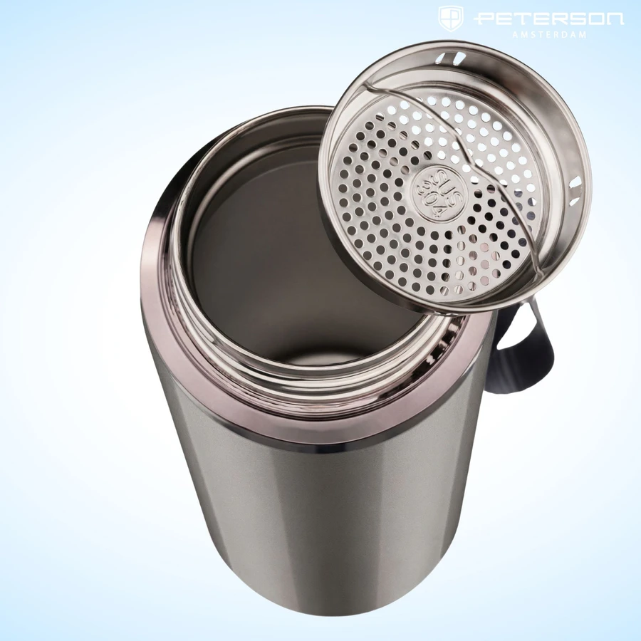 „Peterson“ plieno termopuodelis 750 ml su arbatos sieteliu, sidabrinis, karštiems ir šaltiems gėrimams