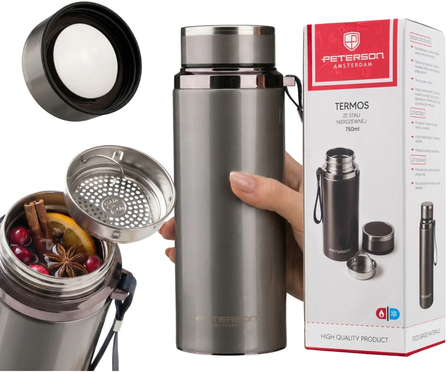 „Peterson“ plieno termopuodelis 750 ml su arbatos sieteliu, sidabrinis, karštiems ir šaltiems gėrimams