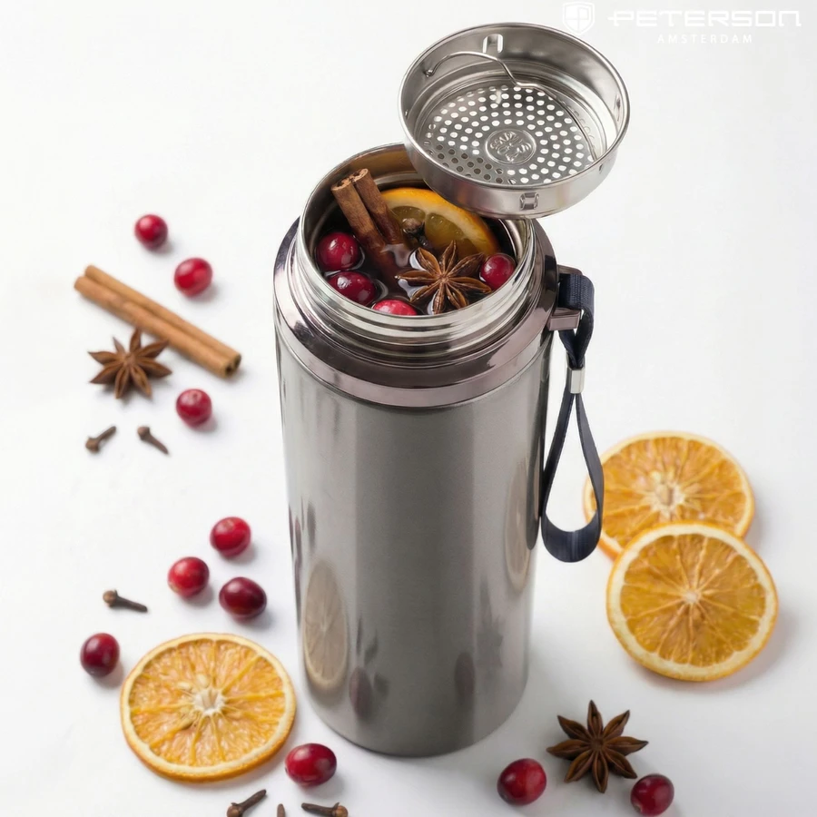 „Peterson“ plieno termopuodelis 750 ml su arbatos sieteliu, sidabrinis, karštiems ir šaltiems gėrimams