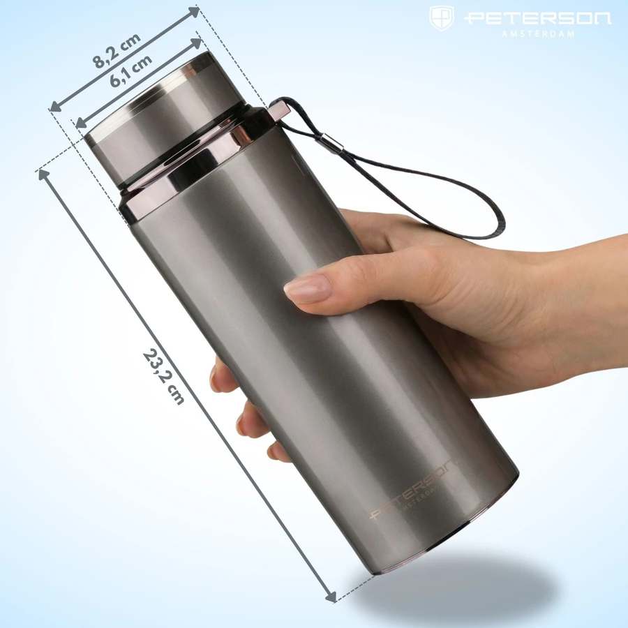 „Peterson“ plieno termopuodelis 750 ml su arbatos sieteliu, sidabrinis, karštiems ir šaltiems gėrimams