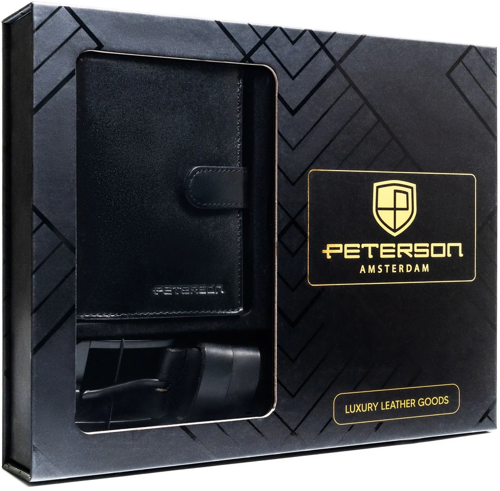 Peterson rinkinys: juoda vertikali piniginė vyrams ir eko odos diržas su klasikine sagtimi