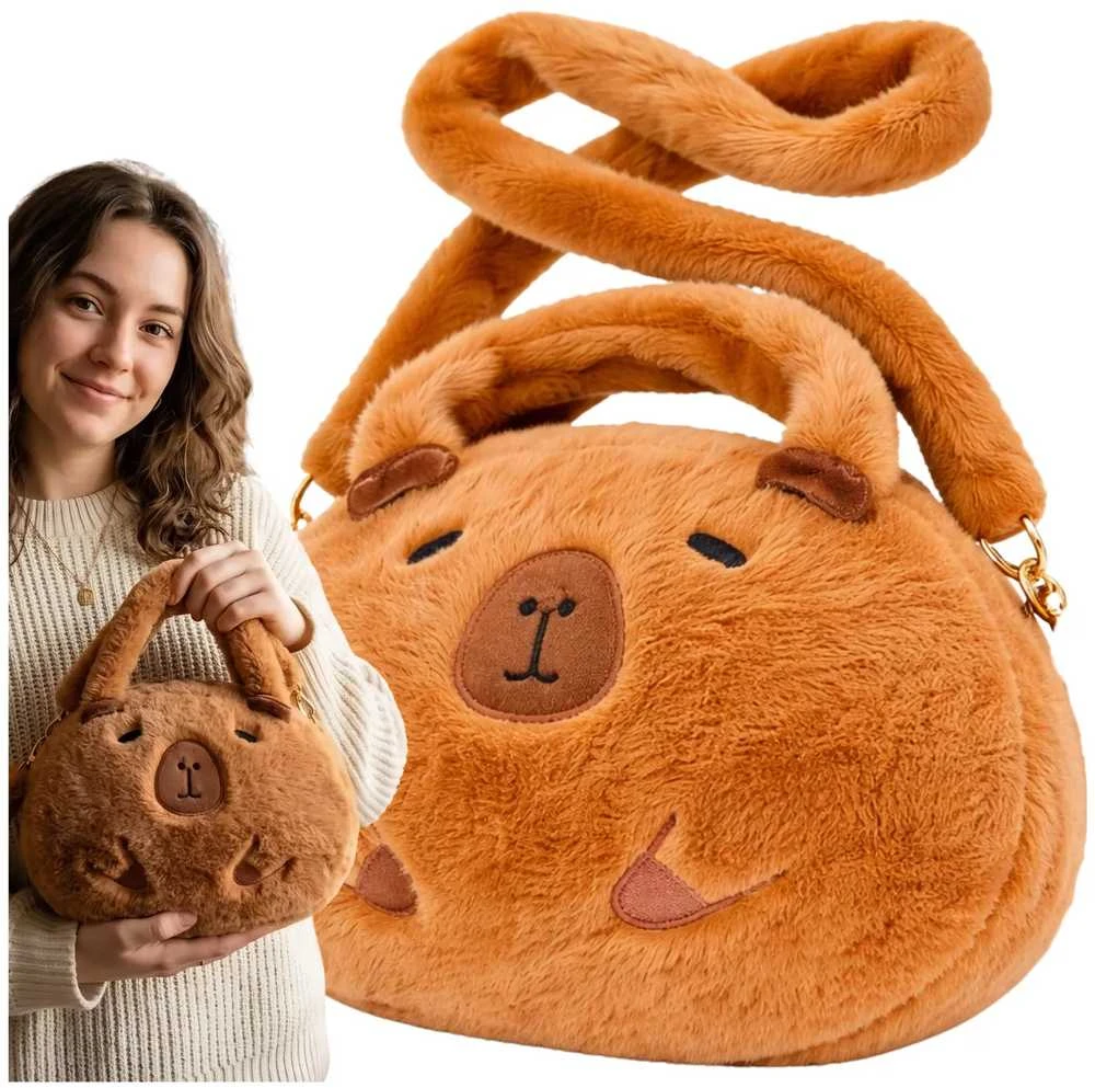 Pliušinė kapibaros rankinė per petį, ruda
