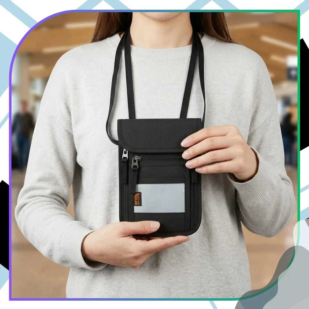 RFID dokumentų dėklas ant kaklo, juodas, poliesteris