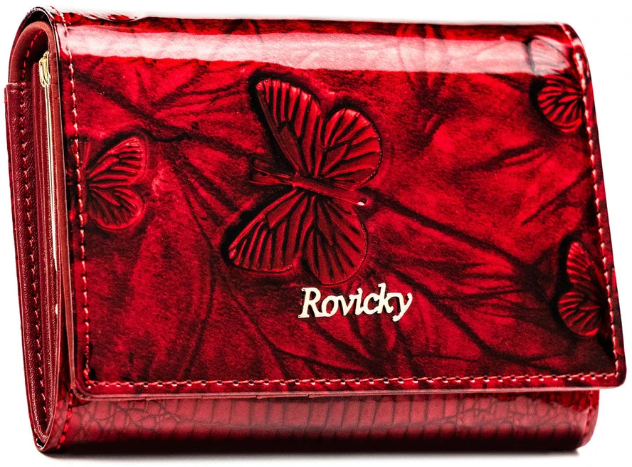 Rovicky nedidelė moteriška piniginė iš raudonos lakuotos natūralios odos su drugelių raštu PT23