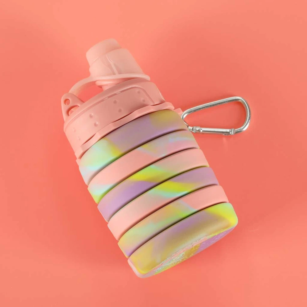 Vandens buteliai silikoninis sulankstomas butelis su laikikliu sportui 500ml vaivorykštės spalvos