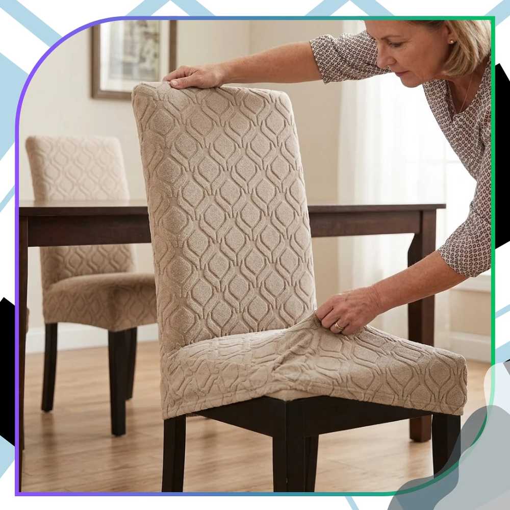 Smėlio spalvos elastingas žakardinis kėdės užvalkalas