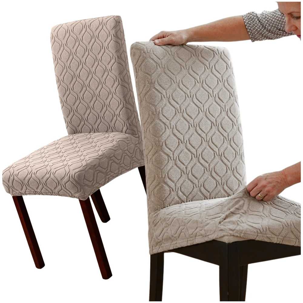 Smėlio spalvos elastingas žakardinis kėdės užvalkalas