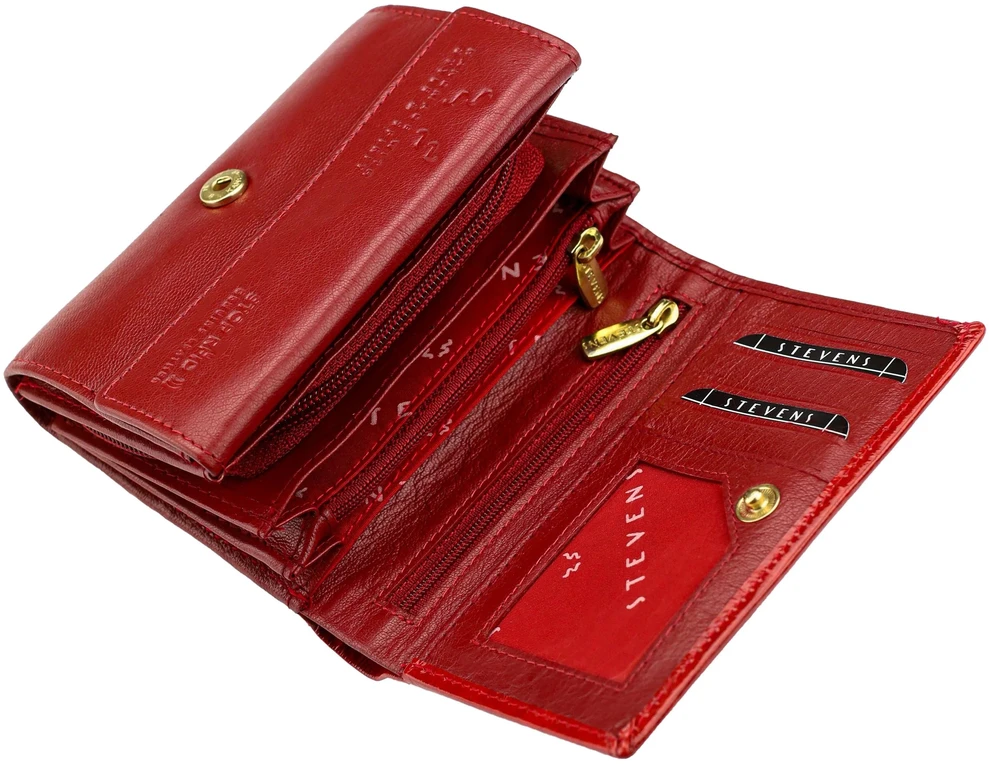 Talpi moteriška odinė RFID piniginė STEVENS®, raudona lakuota, krokodilo rašto D40034