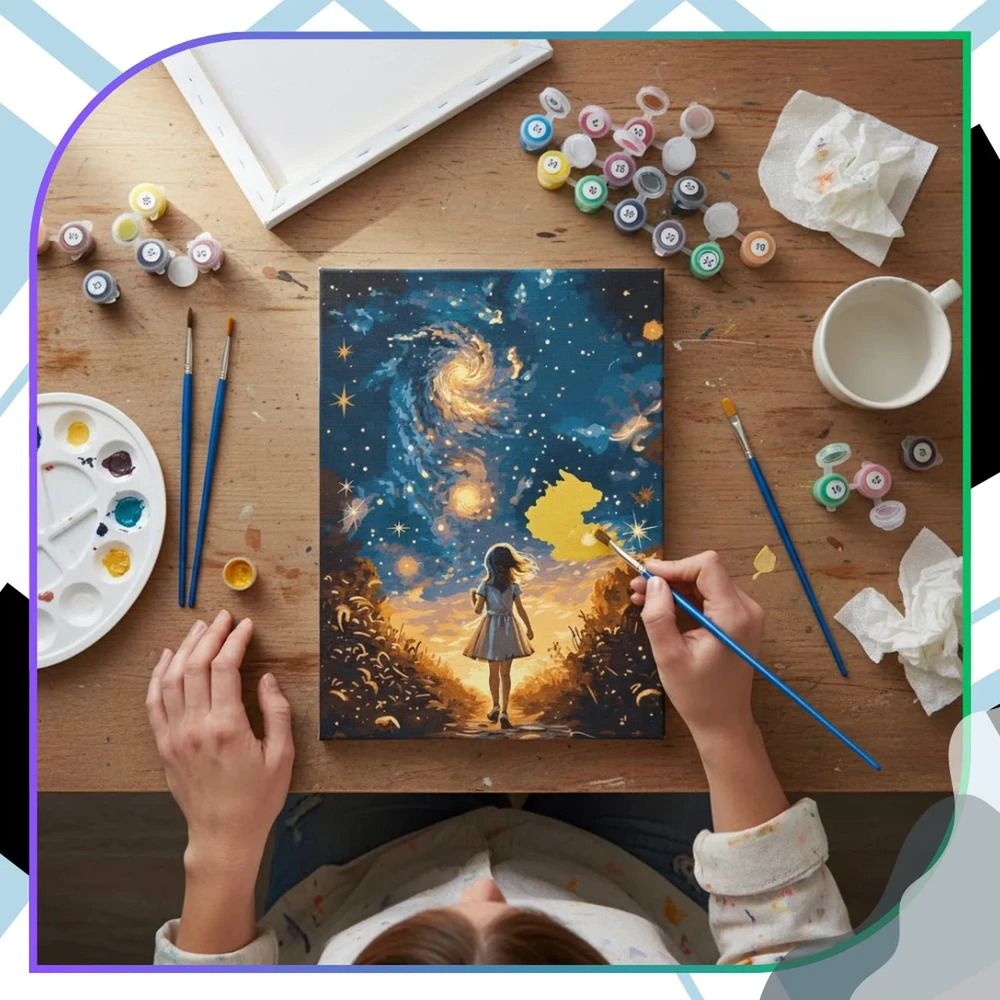 Tapyba pagal numerius su rėmu 40 x 50 cm „Mergaitė po žvaigždėmis“ TP52