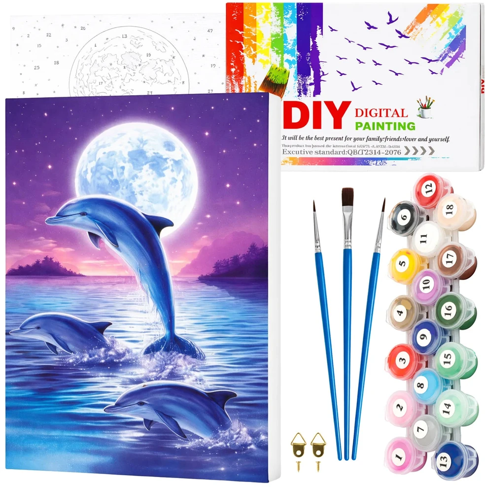 Tapyba pagal numerius su rėmu 40 x 50 cm „Delfinai prie mėnulio“ TP15