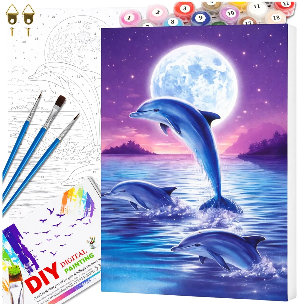 Tapyba pagal numerius su rėmu 40 x 50 cm „Delfinai prie mėnulio“ TP15