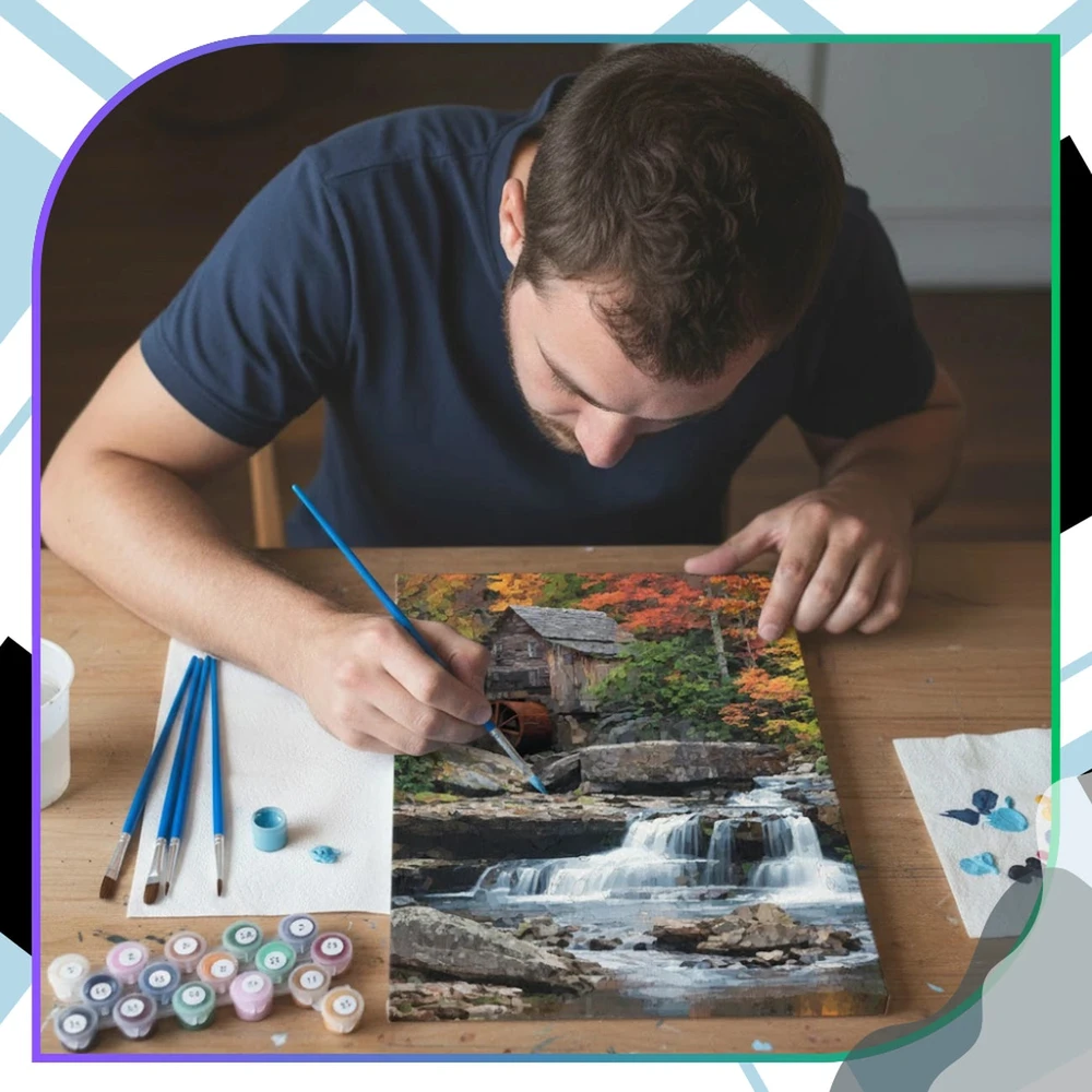 Tapyba pagal numerius su rėmu 40 x 50 cm „Rudeninis malūnas ir krioklys“ TP35