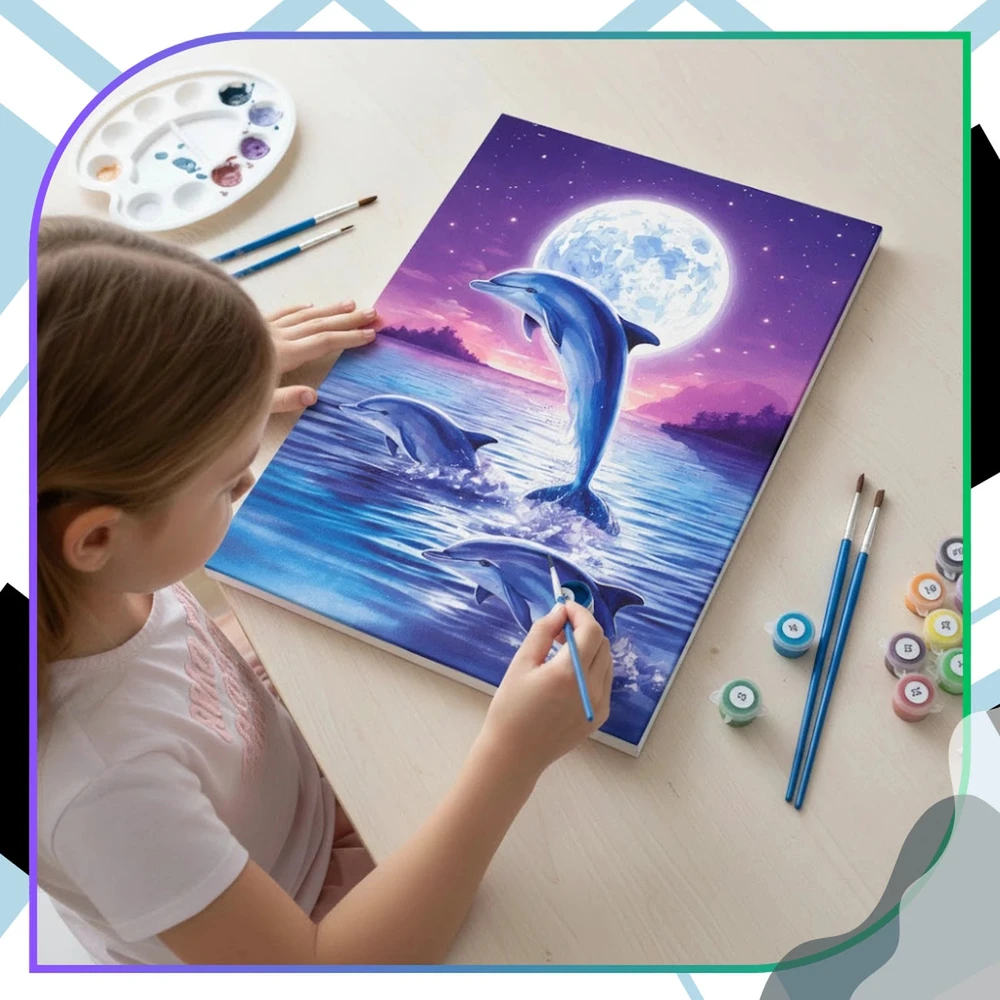 Tapyba pagal numerius su rėmu 40 x 50 cm „Delfinai prie mėnulio“ TP15