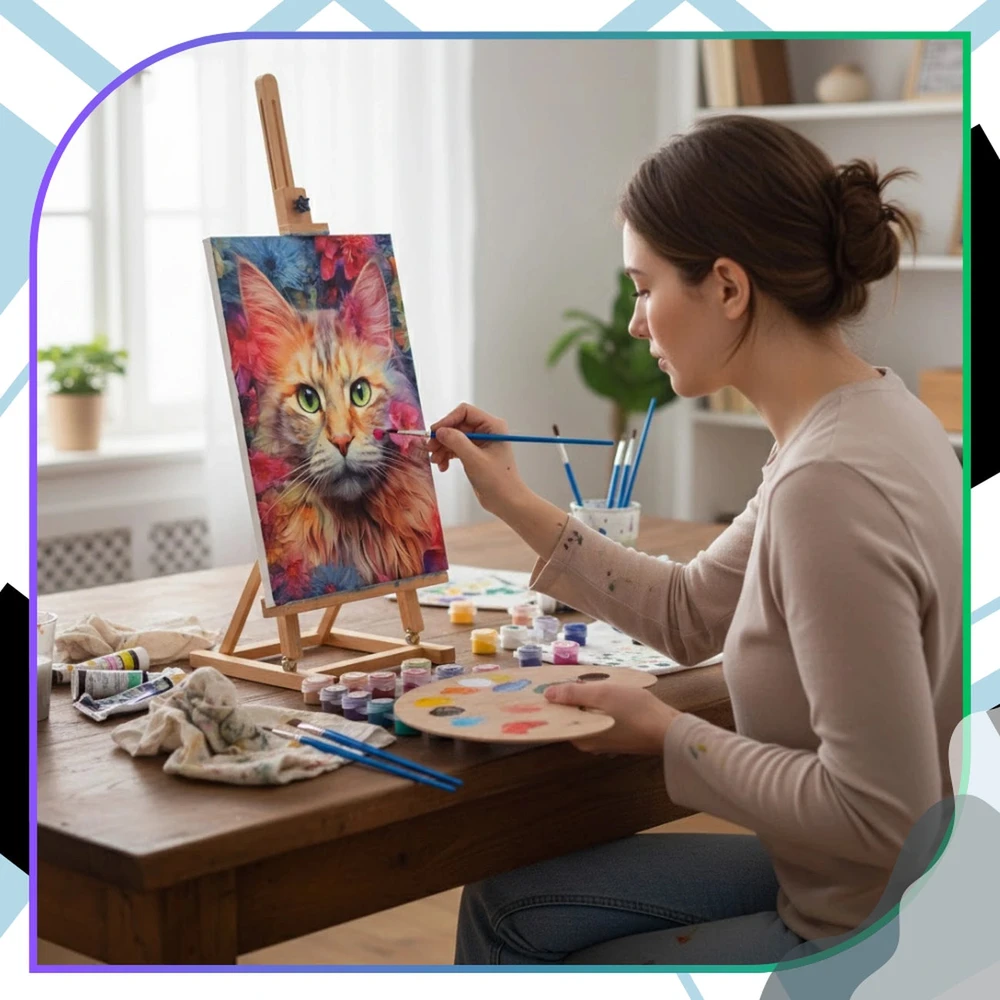 Tapyba pagal skaičius su rėmu 40 x 50 cm „Spalvotas katinas gėlėse“ TP49