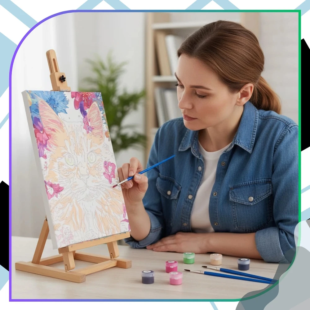 Tapyba pagal skaičius su rėmu 40 x 50 cm „Spalvotas katinas gėlėse“ TP49