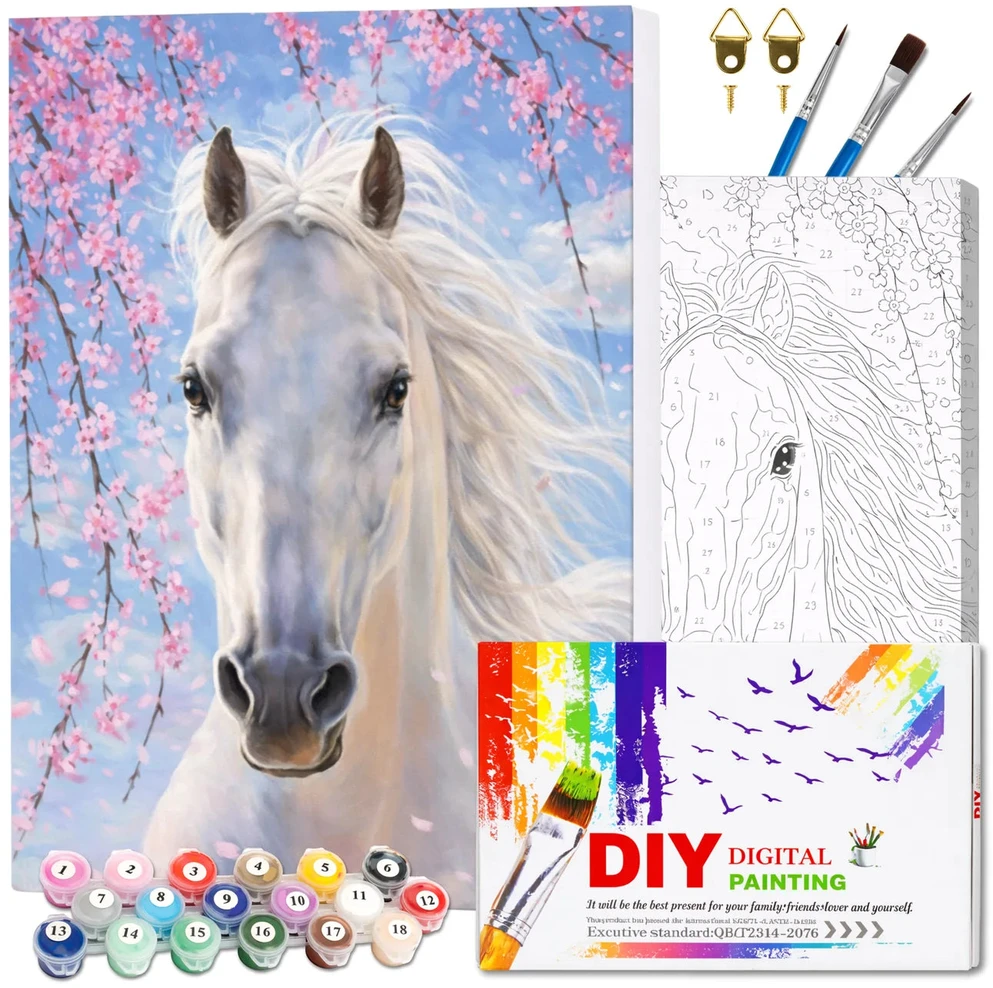 Tapyba pagal skaičius su rėmu 40 x 50 cm „Baltas žirgas gėlėse“ TP48