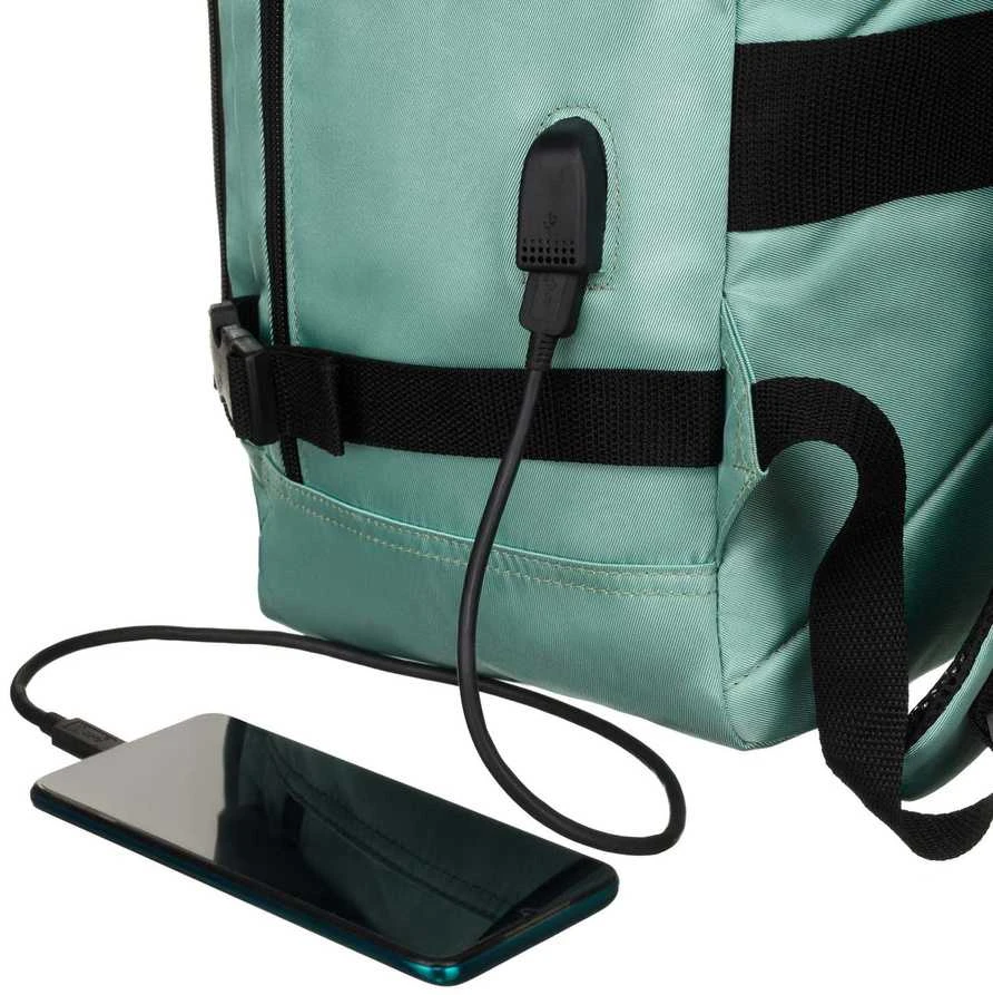 Turkio spalvos tekstilinė dviejų skyrių kelioninė kuprinė „Peterson“ su tvirtinimu prie lagamino ir USB jungtimi K47