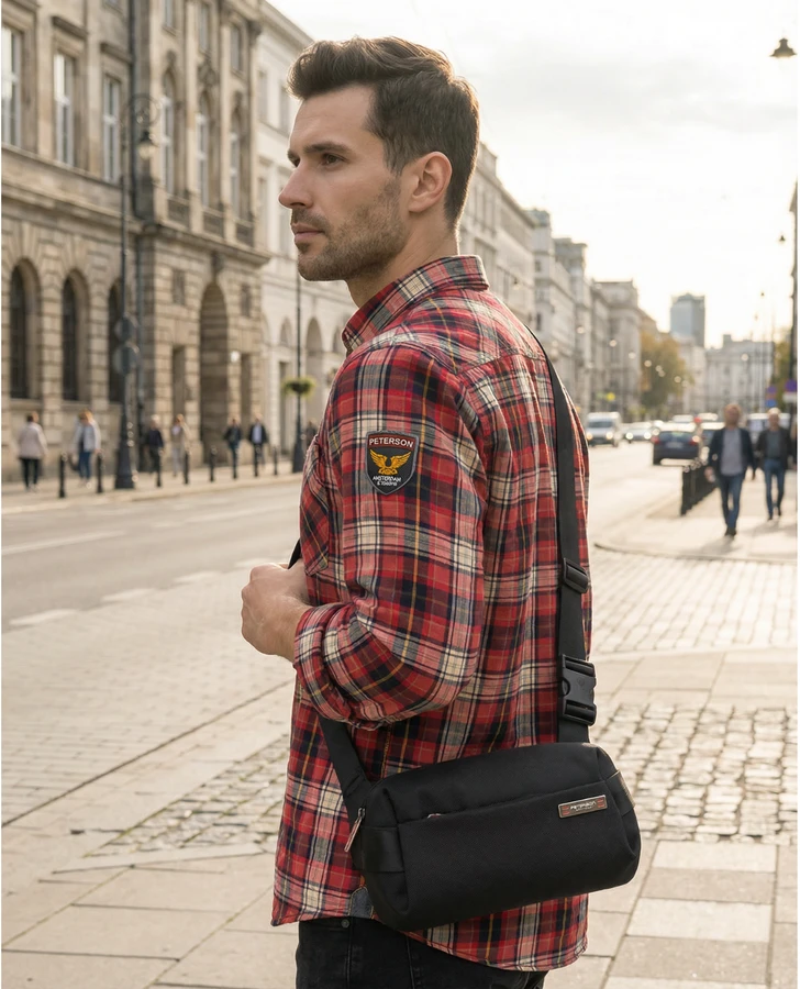 Vyriška maža juoda „Peterson“ lengva miesto rankinė per petį (crossbody), užsegama užtrauktuku, iš tekstilės