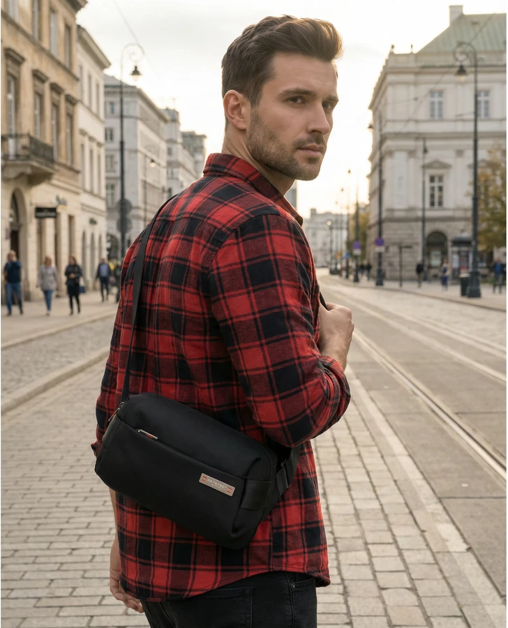 Vyriška maža juoda „Peterson“ lengva miesto rankinė per petį (crossbody), užsegama užtrauktuku, iš tekstilės