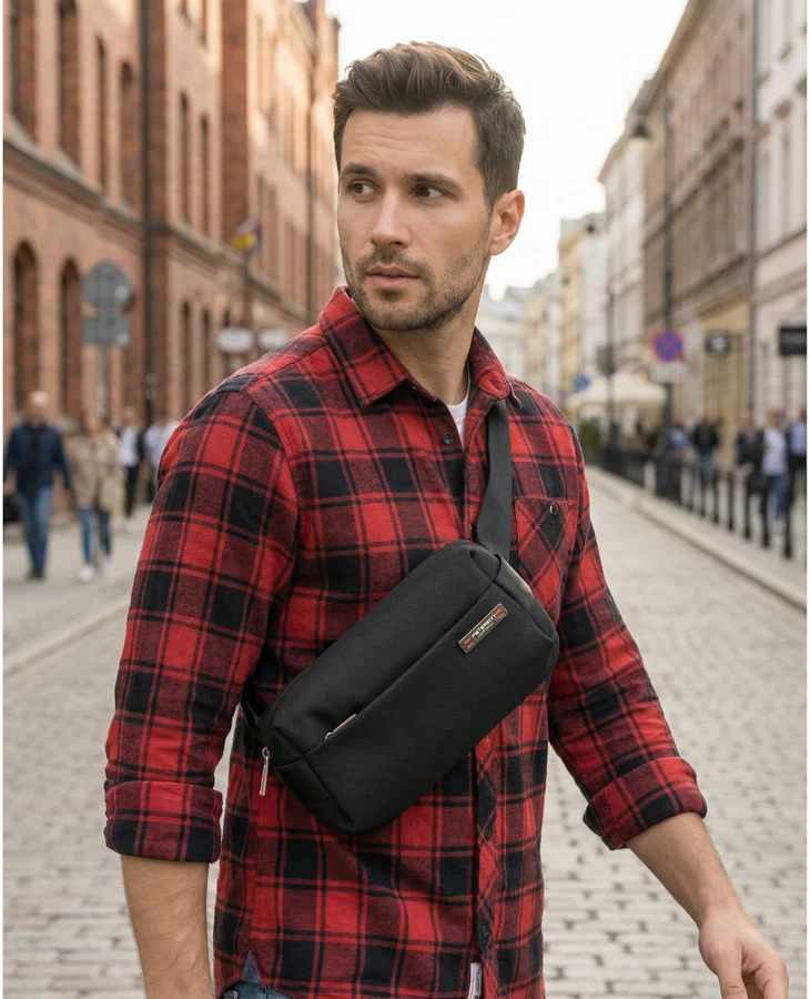 Vyriška maža juoda „Peterson“ lengva miesto rankinė per petį (crossbody), užsegama užtrauktuku, iš tekstilės