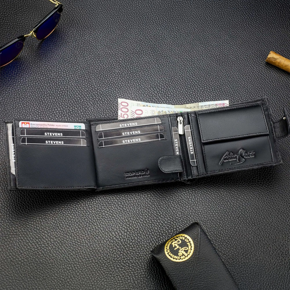 Vyriška odinė piniginė Stevens 325A Carbon, juoda