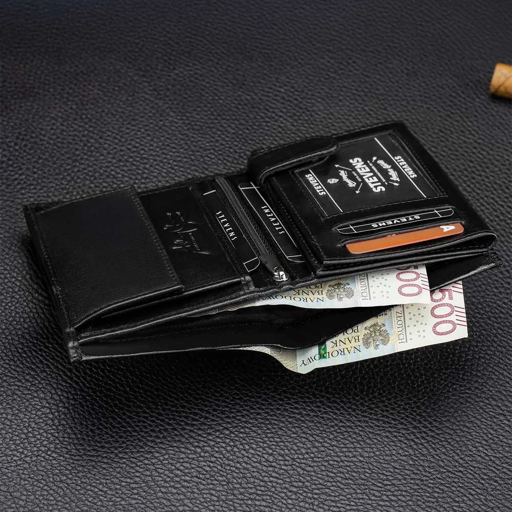 Vyriška odinė piniginė Stevens, juoda, su anglies pluošto danga ir RFID apsauga 02-326-R