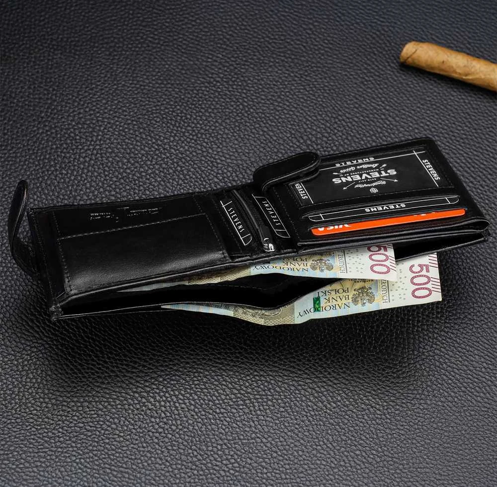 Vyriška odinė piniginė Stevens, juoda, su RFID ir anglies pluošto danga 02-325A-R