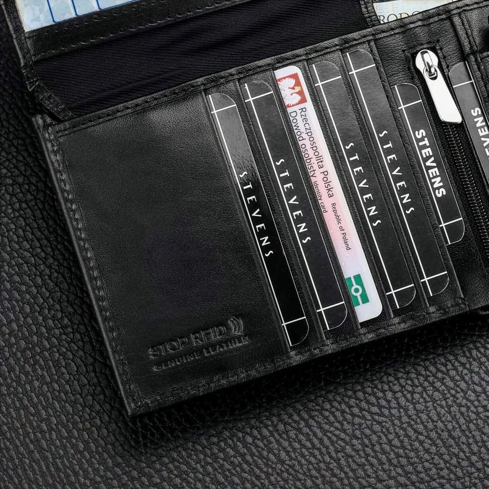 Vyriška odinė piniginė STEVENS, juoda, su RFID apsauga 8888A-R