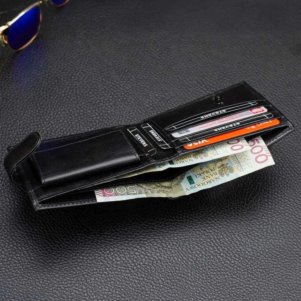 Vyriška odinė piniginė Stevens, plona, juoda, su RFID apsauga 8824A-R