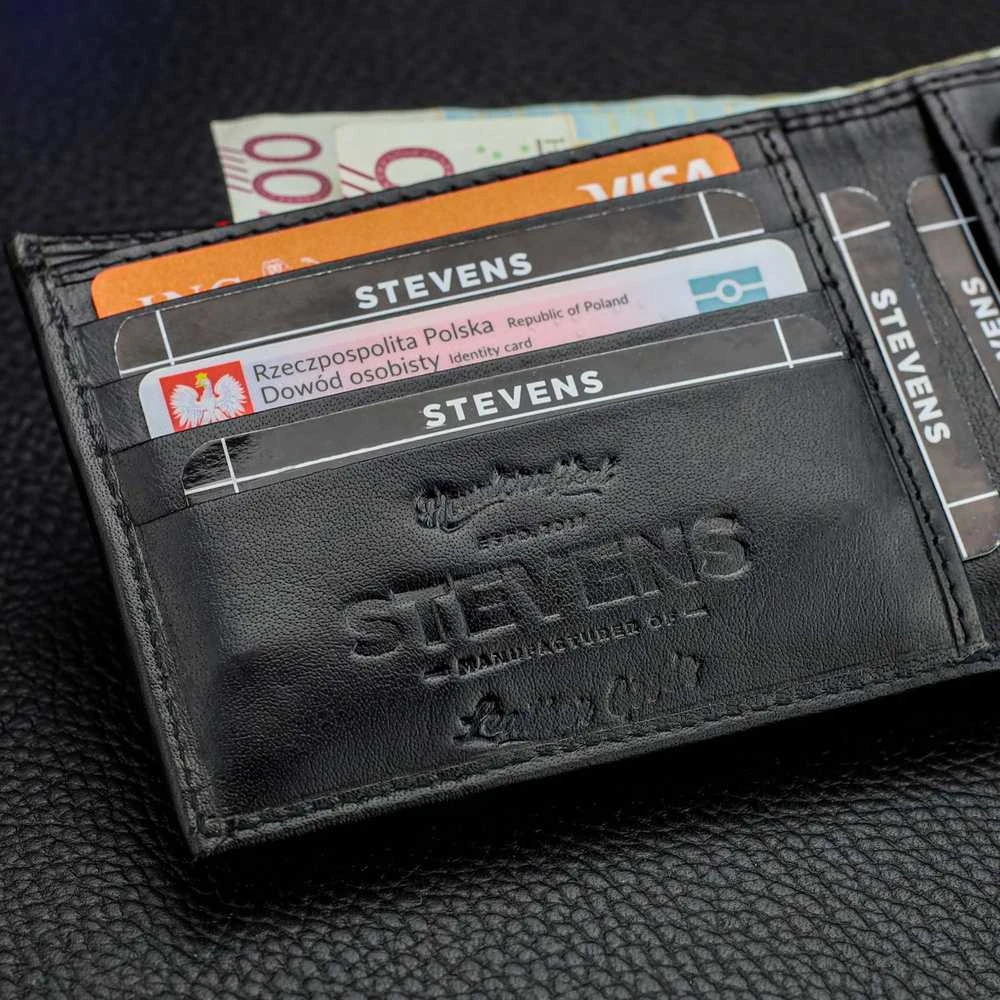 Vyriška odinė piniginė Stevens, plona, juoda, su RFID apsauga 8824-R